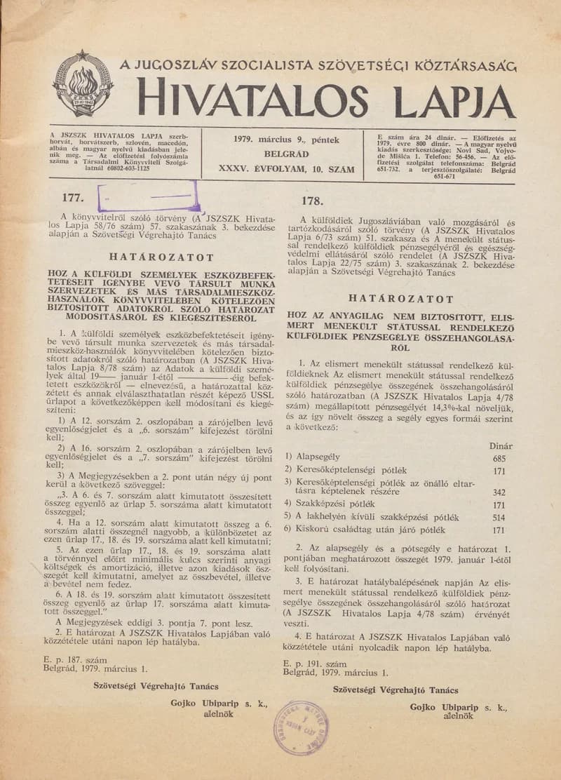 A Jugoszláv Szocialista Szövetségi Köztársaság Hivatalos Lapja, 35. évf. 1979. március 9. 10. sz. 289–352. oldal