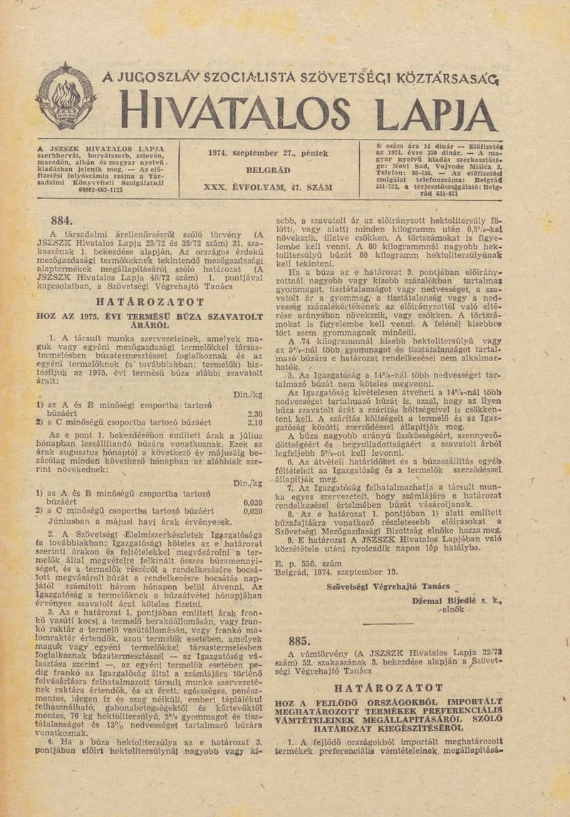 A Jugoszláv Szocialista Szövetségi Köztársaság Hivatalos Lapja, 30. évf. 1974. szeptember 27. 47. sz. 1465–1468. oldal