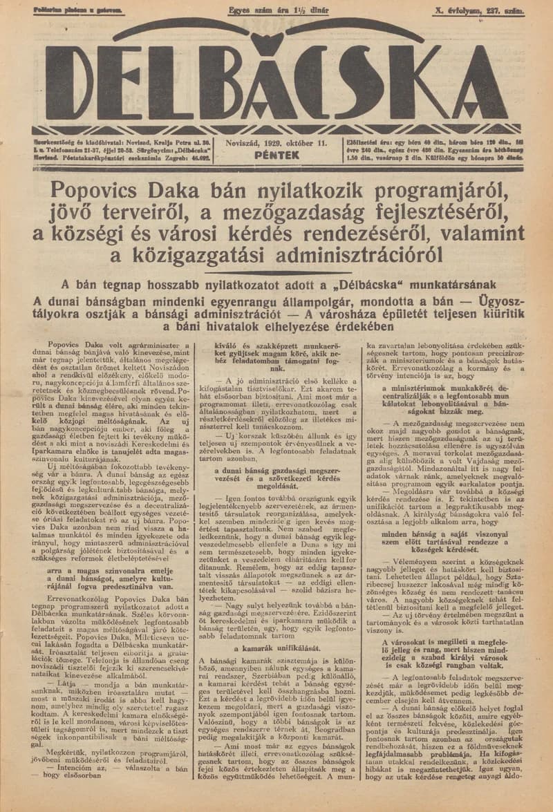 Délbácska, 10. évf. 1929. október 11. 237. sz.