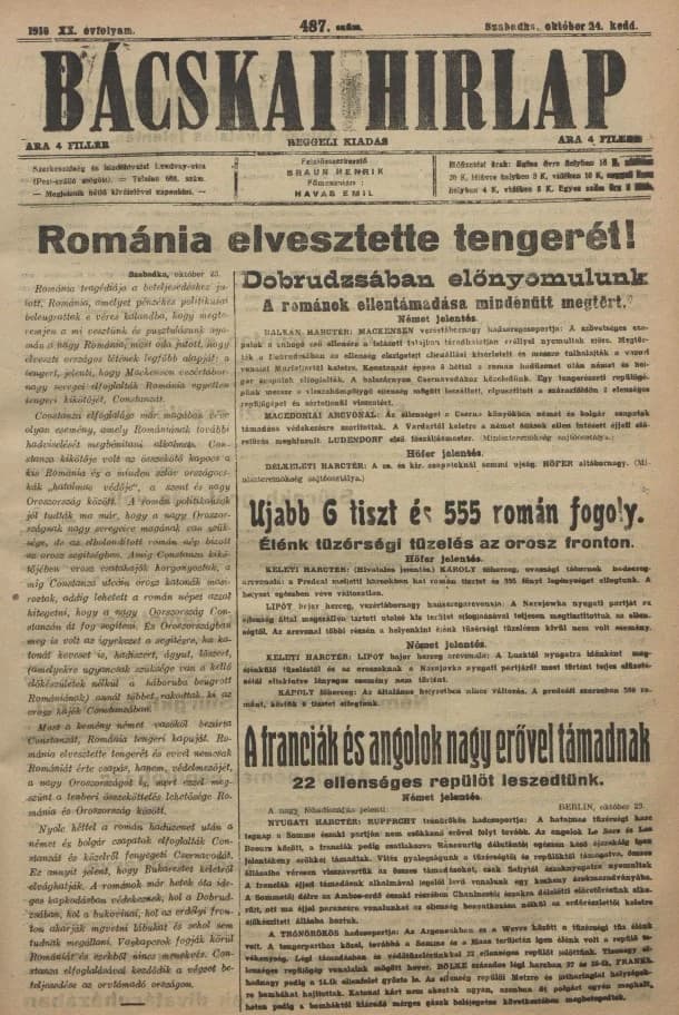 Bácskai Hirlap, 20. évf. 1916. október 24. 487. sz.