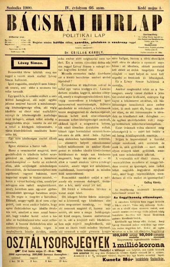 Bácskai Hirlap, 4. évf. 1900. május 1. 66. sz.