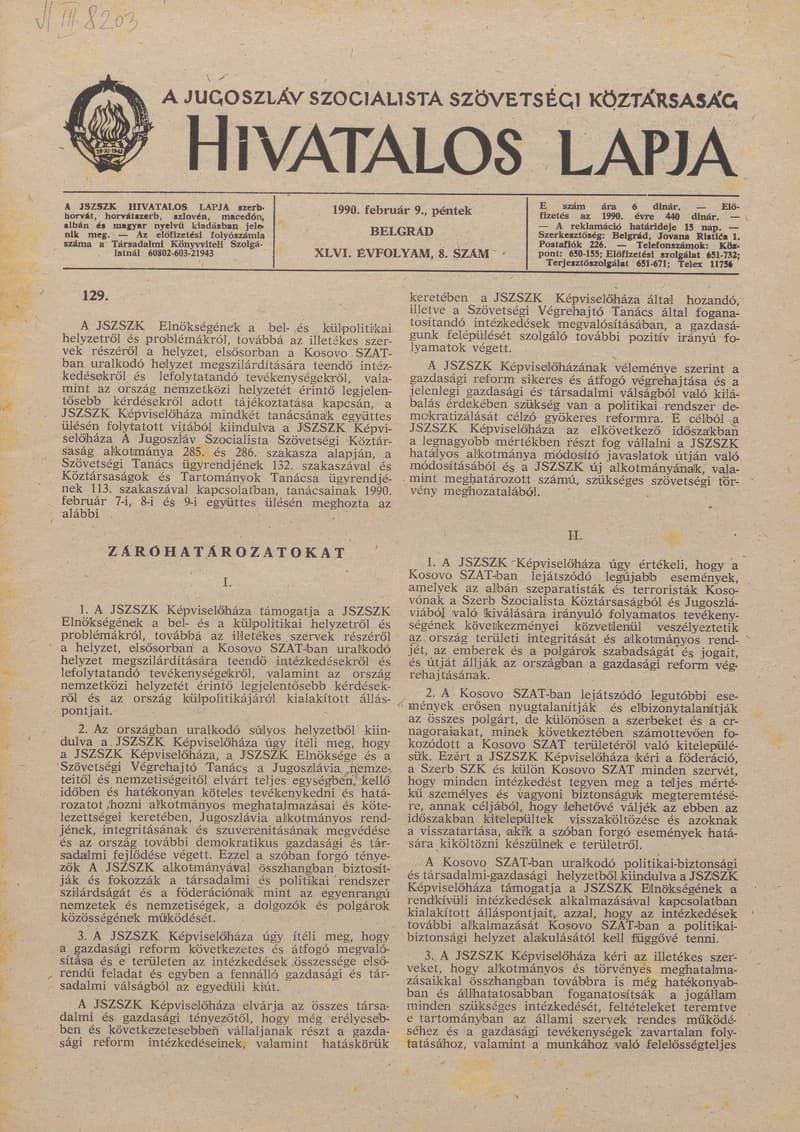 A Jugoszláv Szocialista Szövetségi Köztársaság Hivatalos Lapja, 46. évf. 1990. február 9. 8. sz. 485–516. oldal