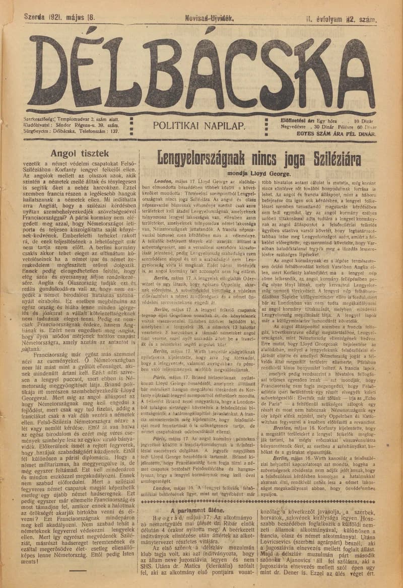 Délbácska, 2. évf. 1921. május 18. 112. sz.