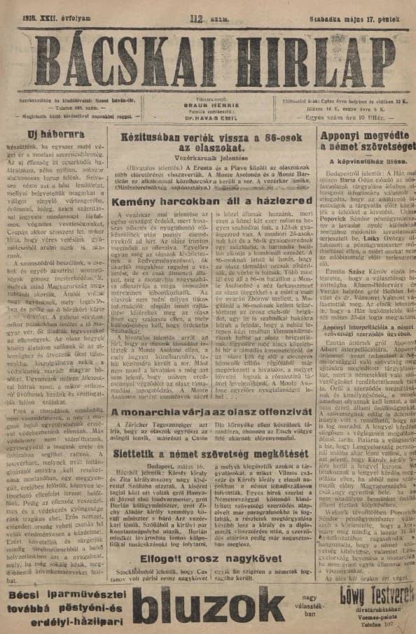 Bácskai Hirlap, 22. évf. 1918. május 17. 112. sz.