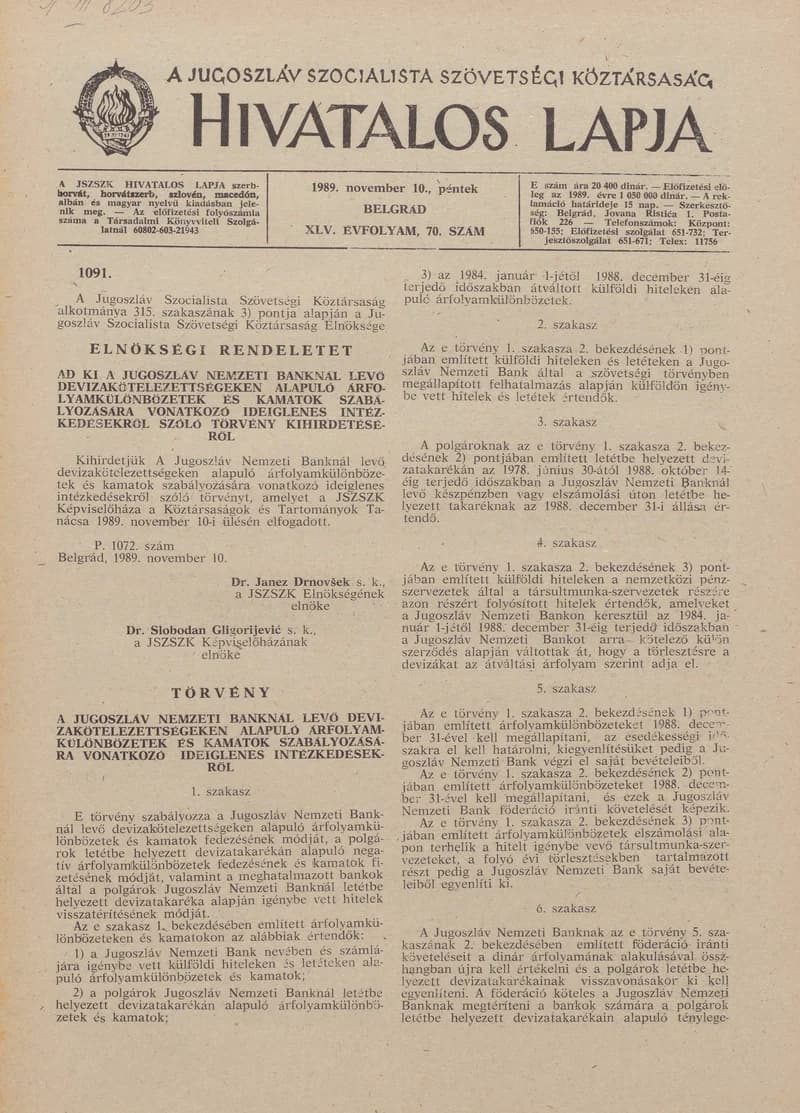 A Jugoszláv Szocialista Szövetségi Köztársaság Hivatalos Lapja, 45. évf. 1989. november 10. 70. sz. 1729–1752. oldal