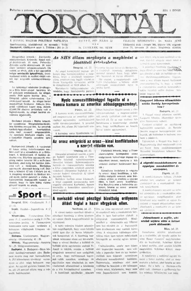 Torontál, 58. évf. 1929. július 22. 166. sz.