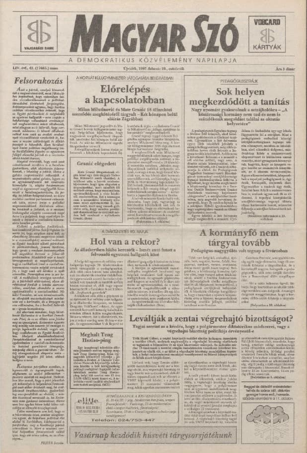 Magyar Szó, 54. évf. 1997. február 20. 42. sz. 1–16. oldal