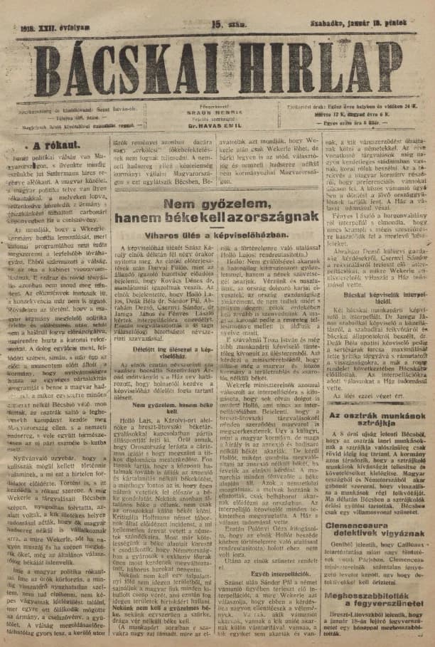 Bácskai Hirlap, 22. évf. 1918. január 18. 15. sz.