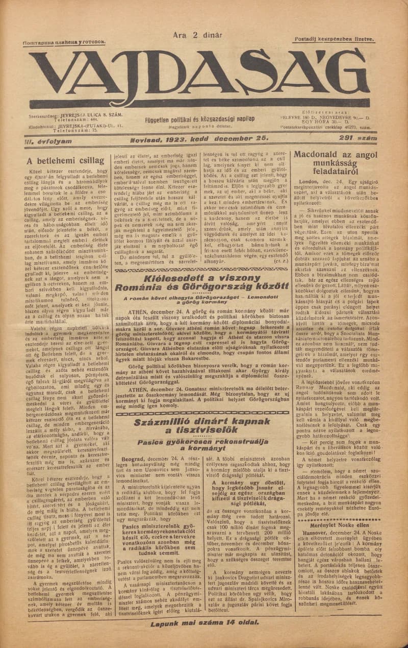Vajdaság, 3. évf. 1923. december 25. 291. sz.