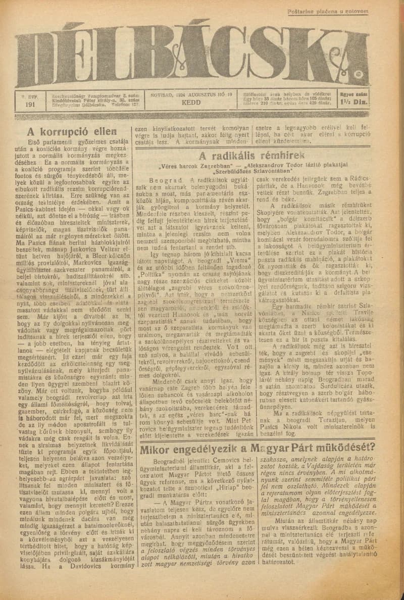 Délbácska, 5. évf. 1924. augusztus 19. 191. sz.