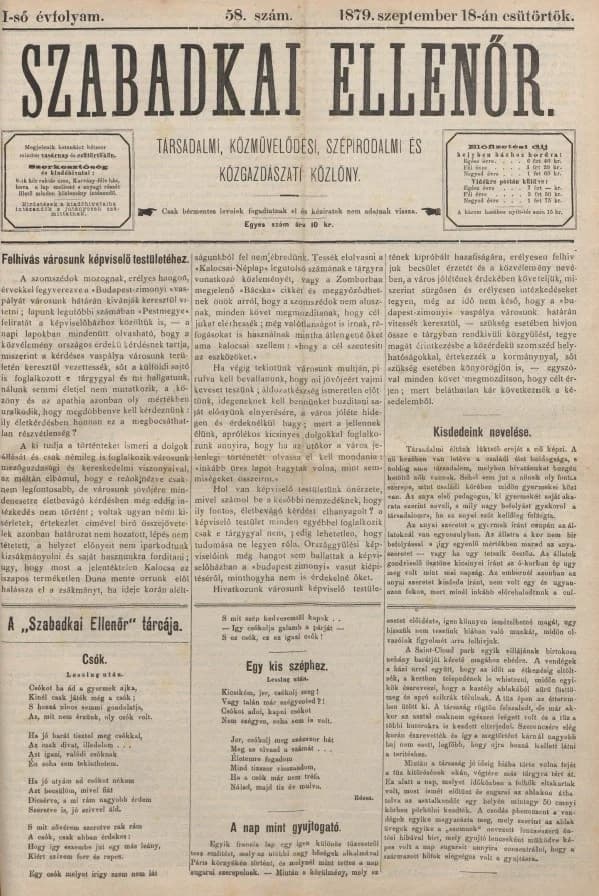 Szabadkai Ellenőr, 1. évf. 1879. szeptember 18. 58. sz.