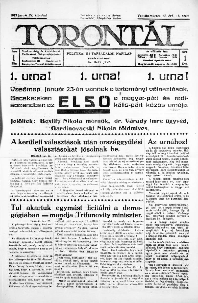 Torontál, 56. évf. 1927. január 22. 16. sz.