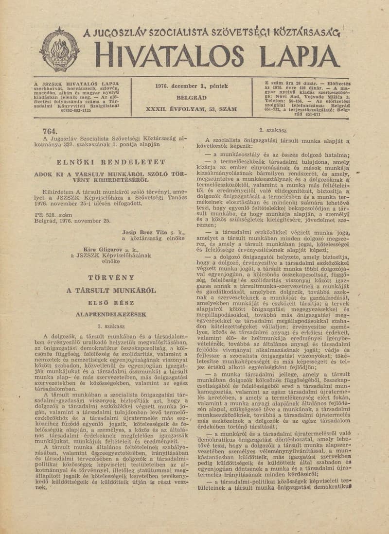 A Jugoszláv Szocialista Szövetségi Köztársaság Hivatalos Lapja, 32. évf. 1976. december 3. 53. sz. 1557–1652. oldal