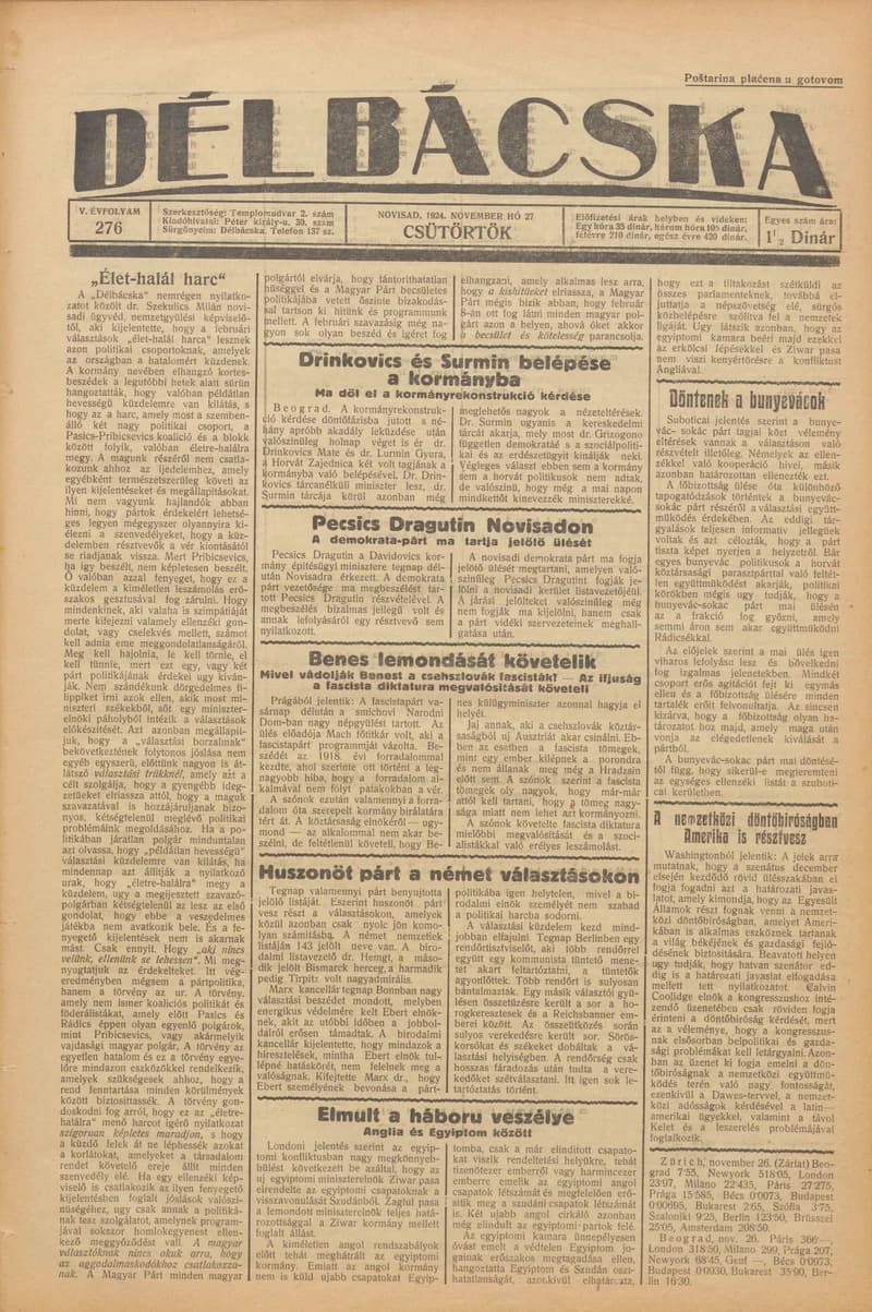 Délbácska, 5. évf. 1924. november 27. 276. sz.