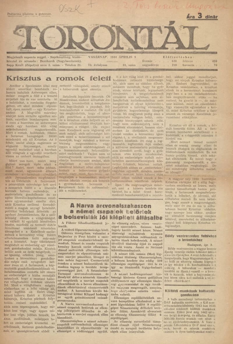 Torontál, 73. évf. 1944. április 9. 81. sz.