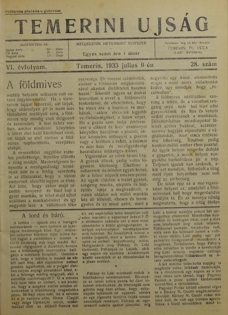 Temerini Újság 1928-1944, 6. évf. 1933. július 9. 28. sz.