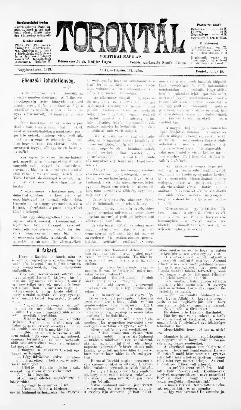 Torontál, 42. évf. 1913. július 18. 164. sz.
