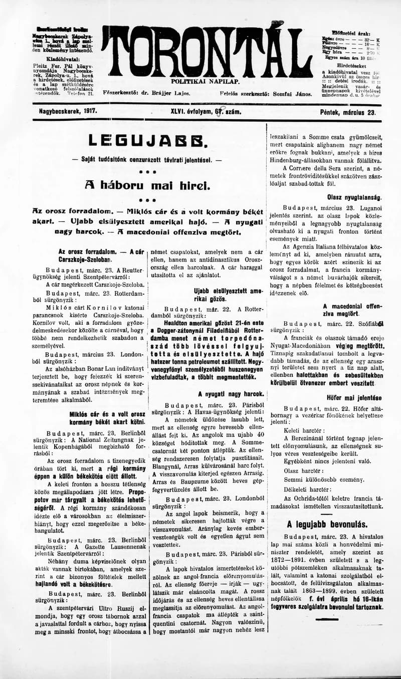 Torontál, 46. évf. 1917. március 23. 68. sz.