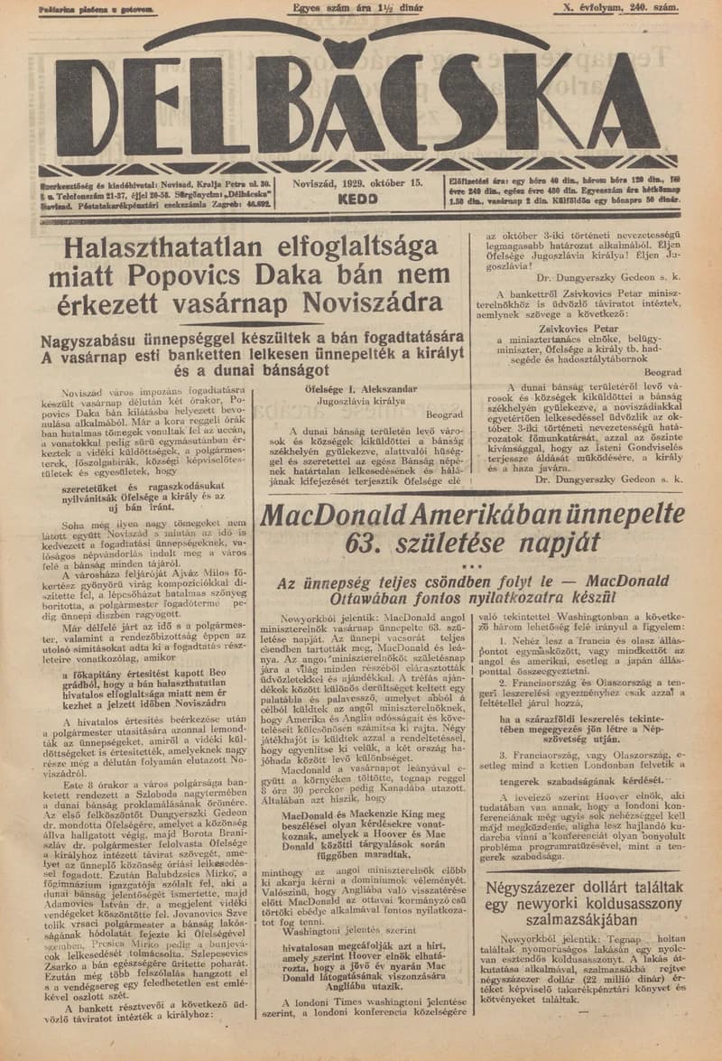 Délbácska, 10. évf. 1929. október 15. 240. sz.