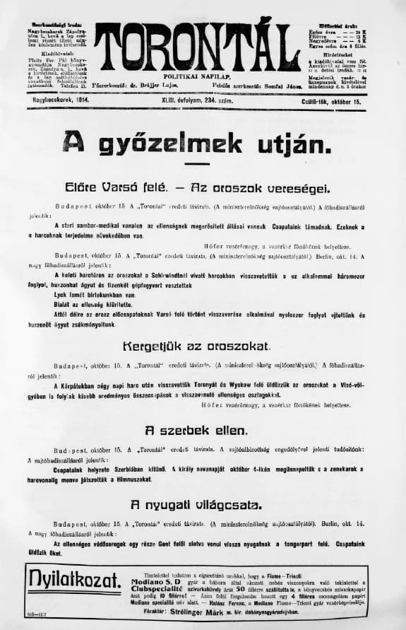 Torontál, 43. évf. 1914. október 15. 234. sz.
