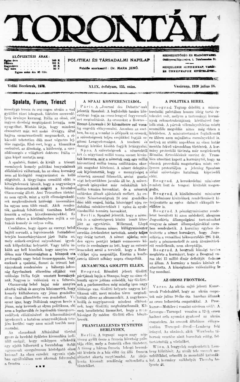 Torontál, 49. évf. 1920. július 18. 155. sz.