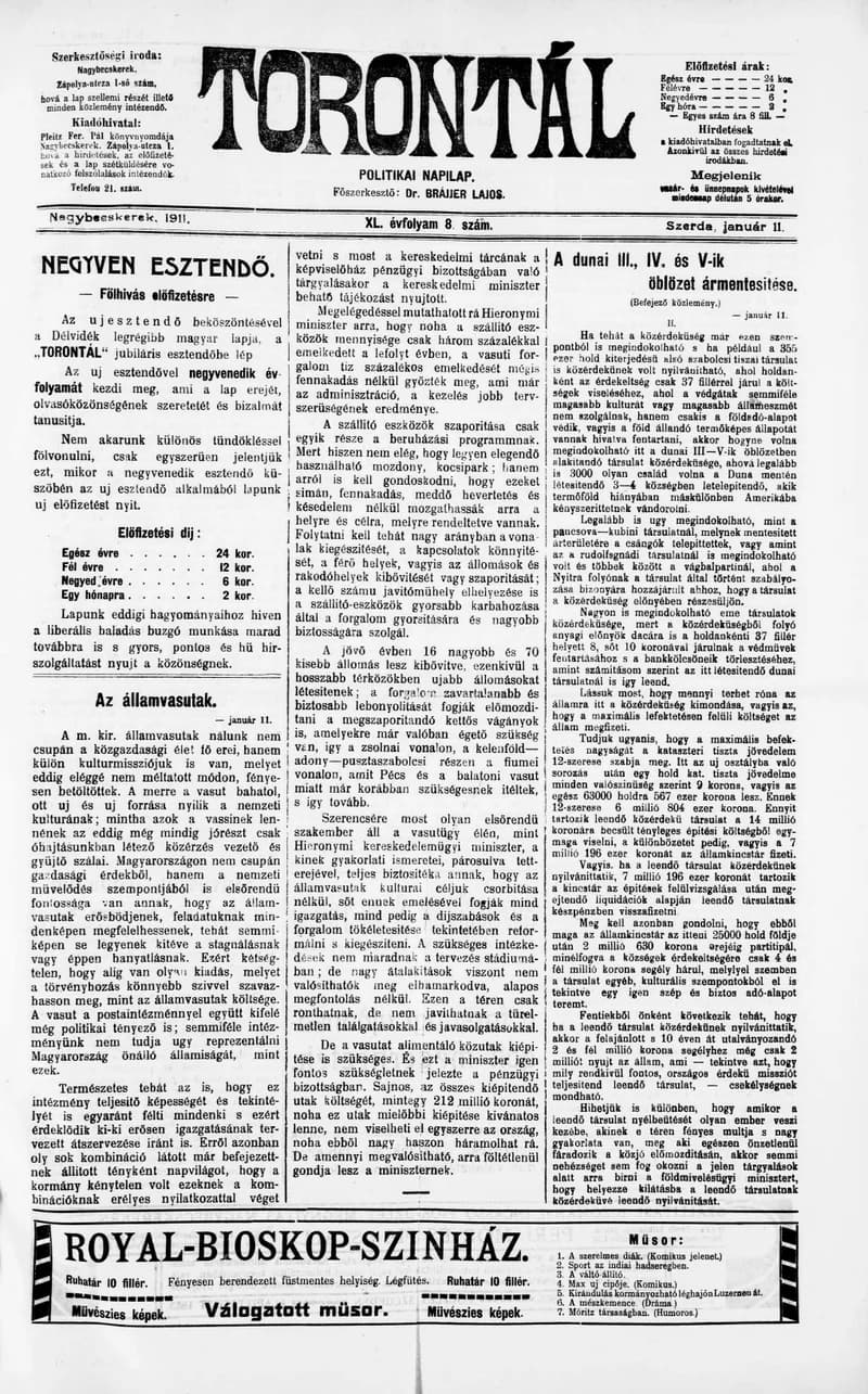 Torontál, 40. évf. 1911. január 11. 8. sz.