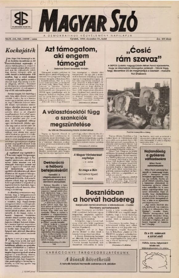 Magyar Szó, 49. évf. 1992. december 15. 343. sz. 1–16. oldal