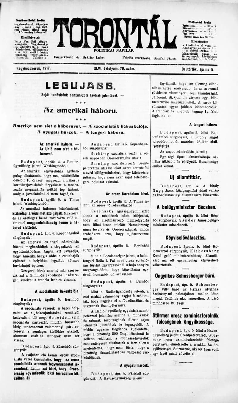 Torontál, 46. évf. 1917. április 5. 79. sz.