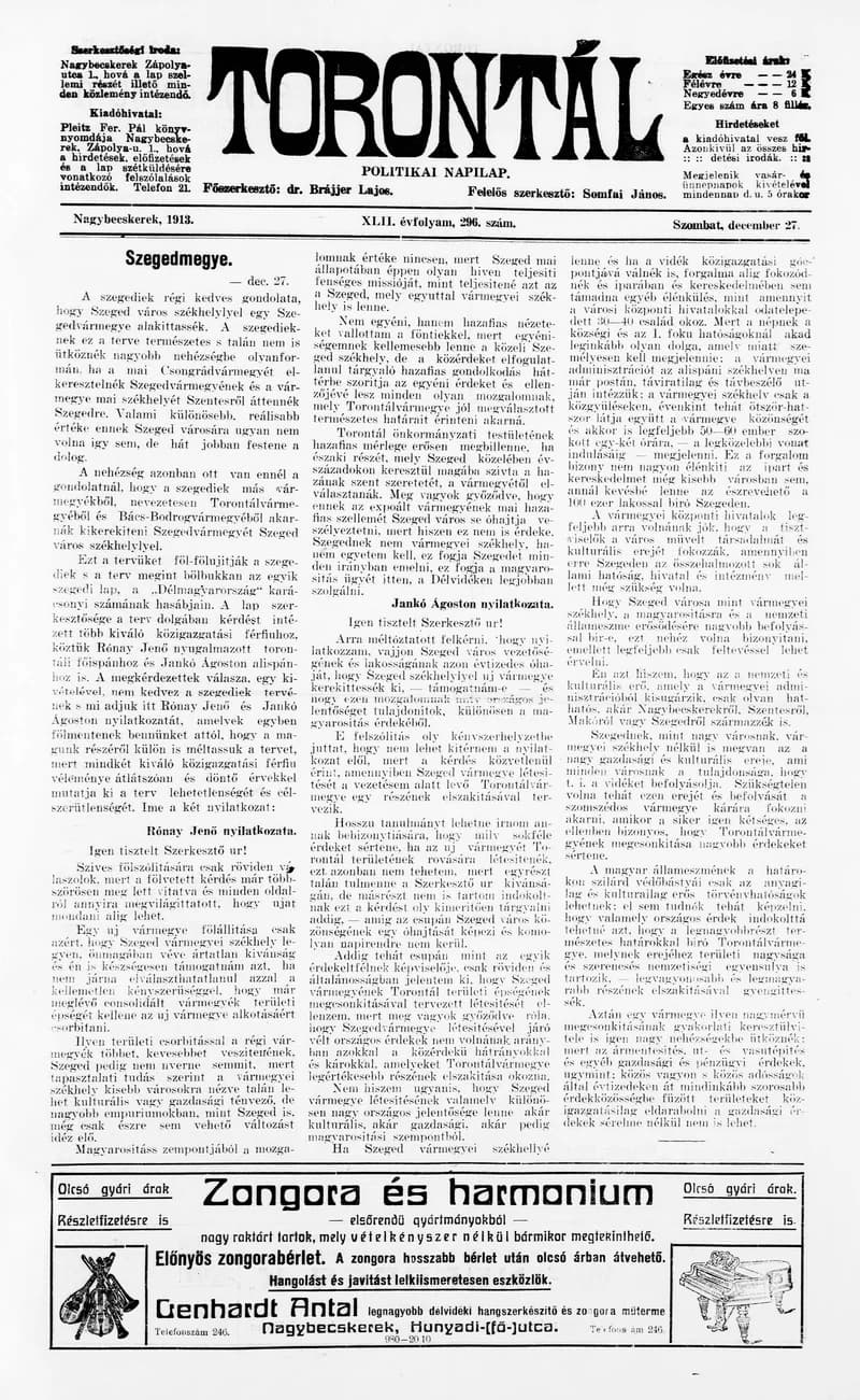Torontál, 42. évf. 1913. december 27. 296. sz.