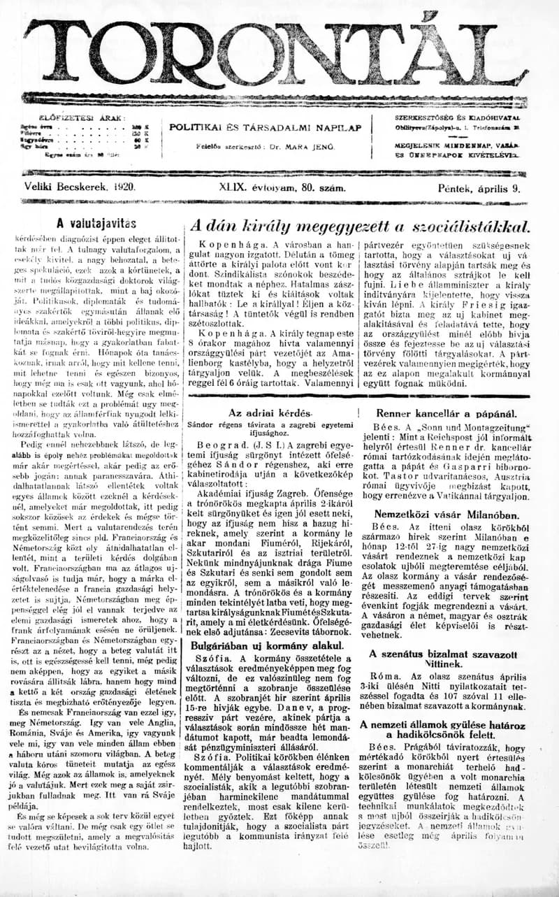 Torontál, 49. évf. 1920. április 9. 80. sz.