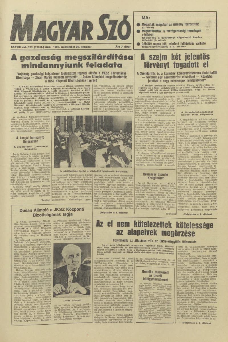 Magyar Szó, 38. évf. 1981. szeptember 26. 265. sz.