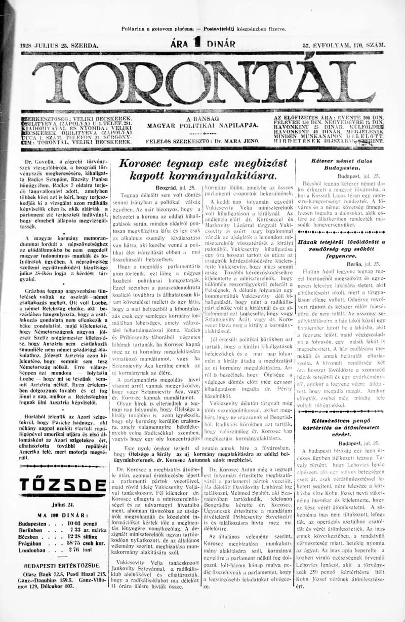 Torontál, 57. évf. 1928. július 25. 170. sz.