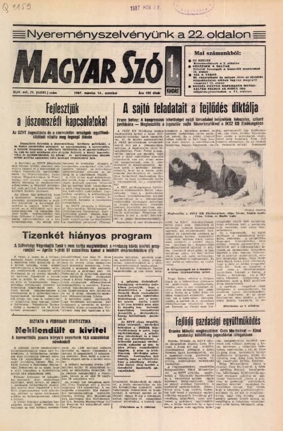 Magyar Szó, 44. évf. 1987. március 14. 71. sz. 1–24. oldal