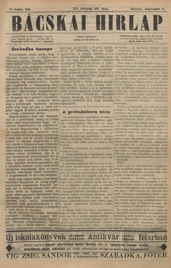 Bácskai Hirlap, 16. évf. 1912. szeptember 14. 209. sz.