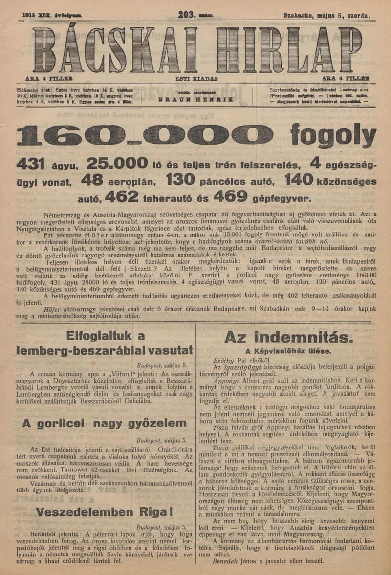Bácskai Hirlap, 19. évf. 1915. május 5. 203. sz.