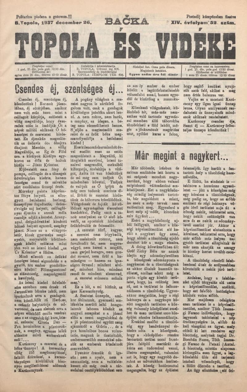 Bačka Topola és Vidéke, 14. évf. 1937. december 26. 52. sz.