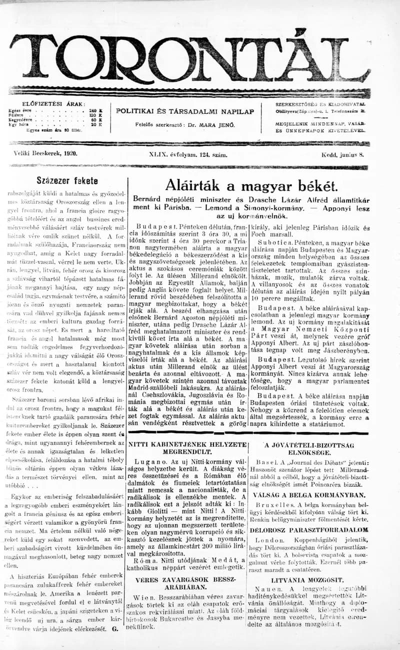 Torontál, 49. évf. 1920. június 8. 124. sz.