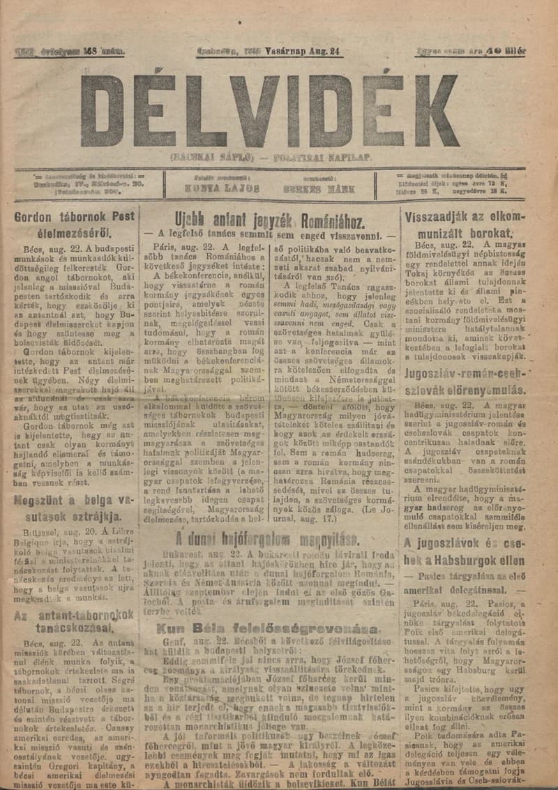 Délvidék, 13. évf. 1919. augusztus 24. 168. sz.