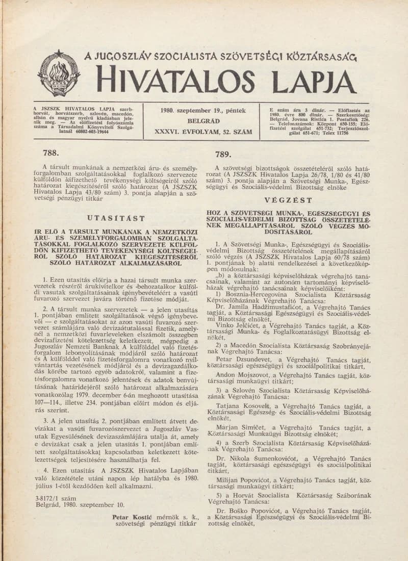 A Jugoszláv Szocialista Szövetségi Köztársaság Hivatalos Lapja, 36. évf. 1980. szeptember 19. 52. sz. 1597–1604. oldal