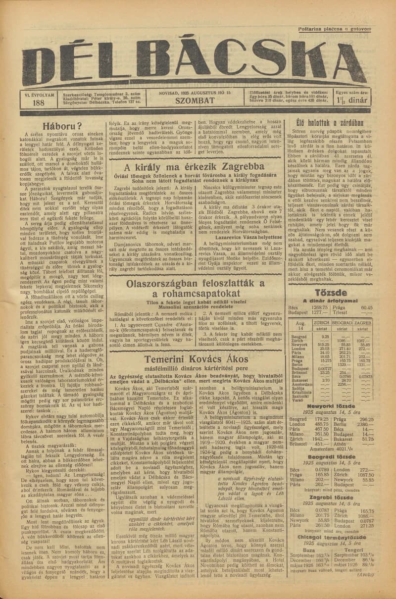 Délbácska, 6. évf. 1925. augusztus 15. 188. sz.