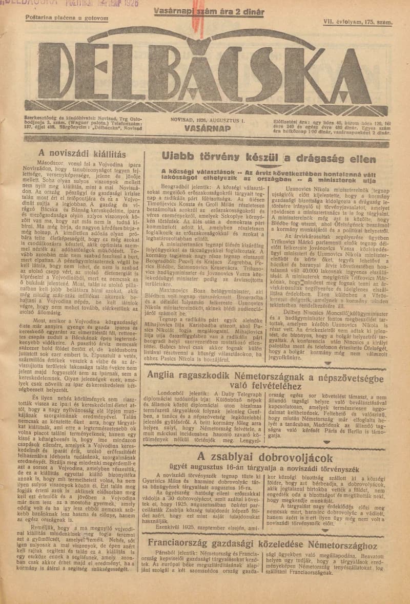 Délbácska, 7. évf. 1926. augusztus 1. 175. sz.
