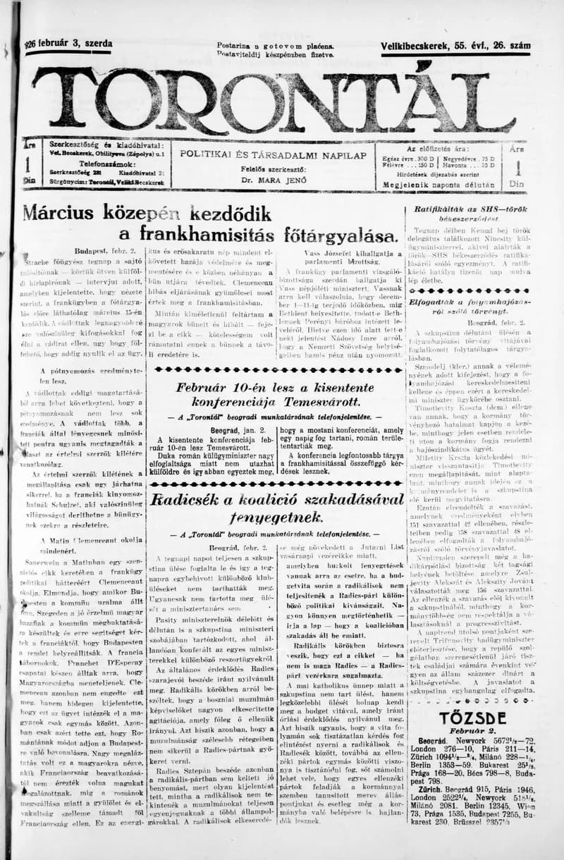 Torontál, 55. évf. 1926. február 3. 26. sz.