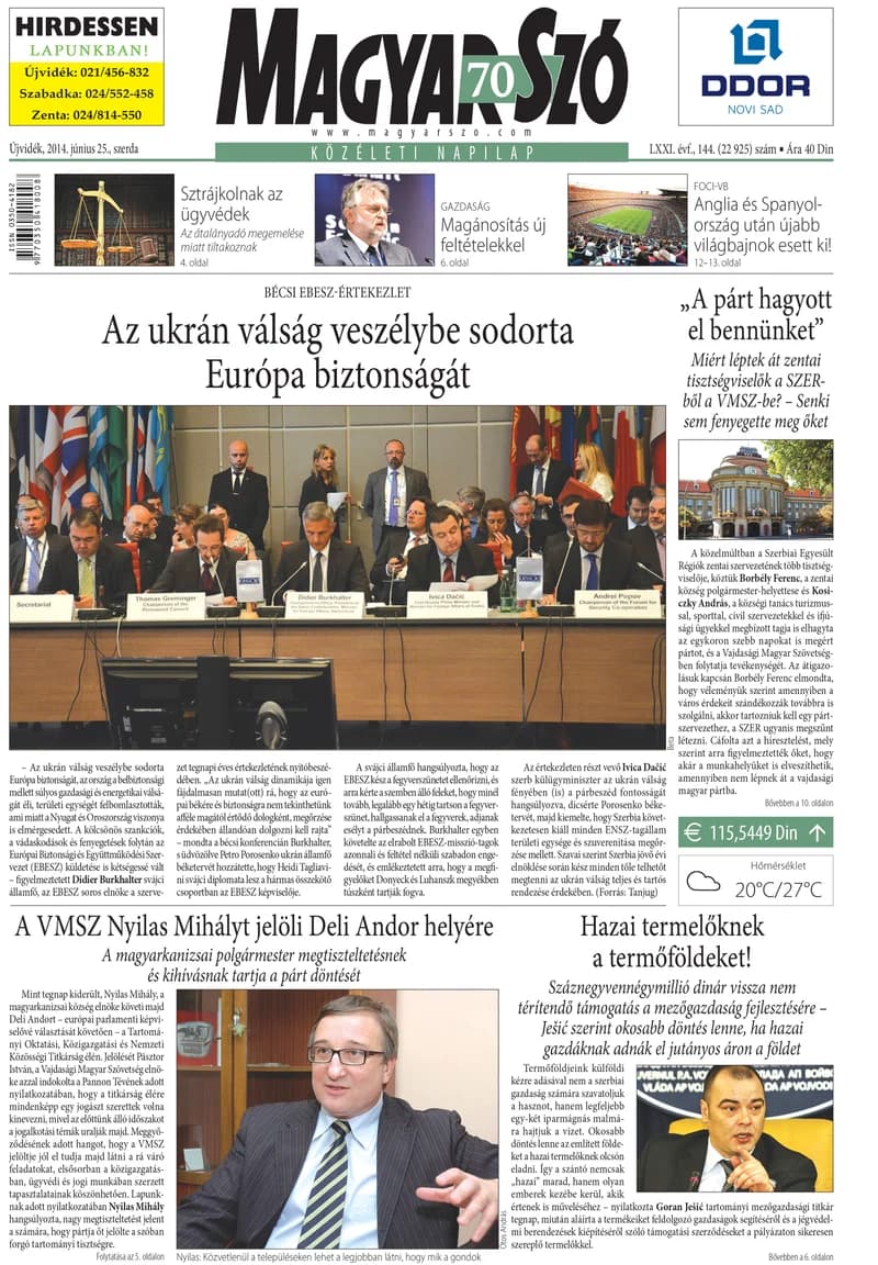 Magyar Szó, 71. évf. 2014. június 25. 144. sz. 1–20. oldal