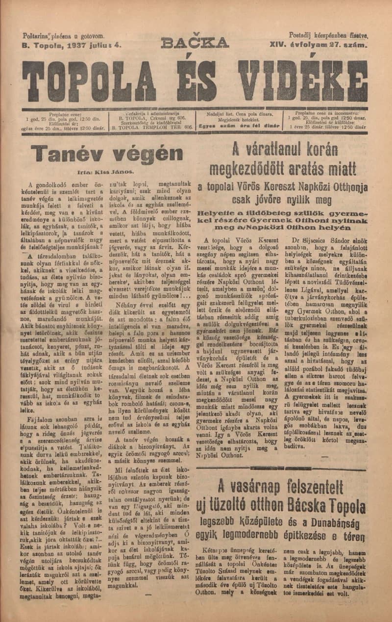 Bačka Topola és Vidéke, 14. évf. 1937. július 4. 27. sz.