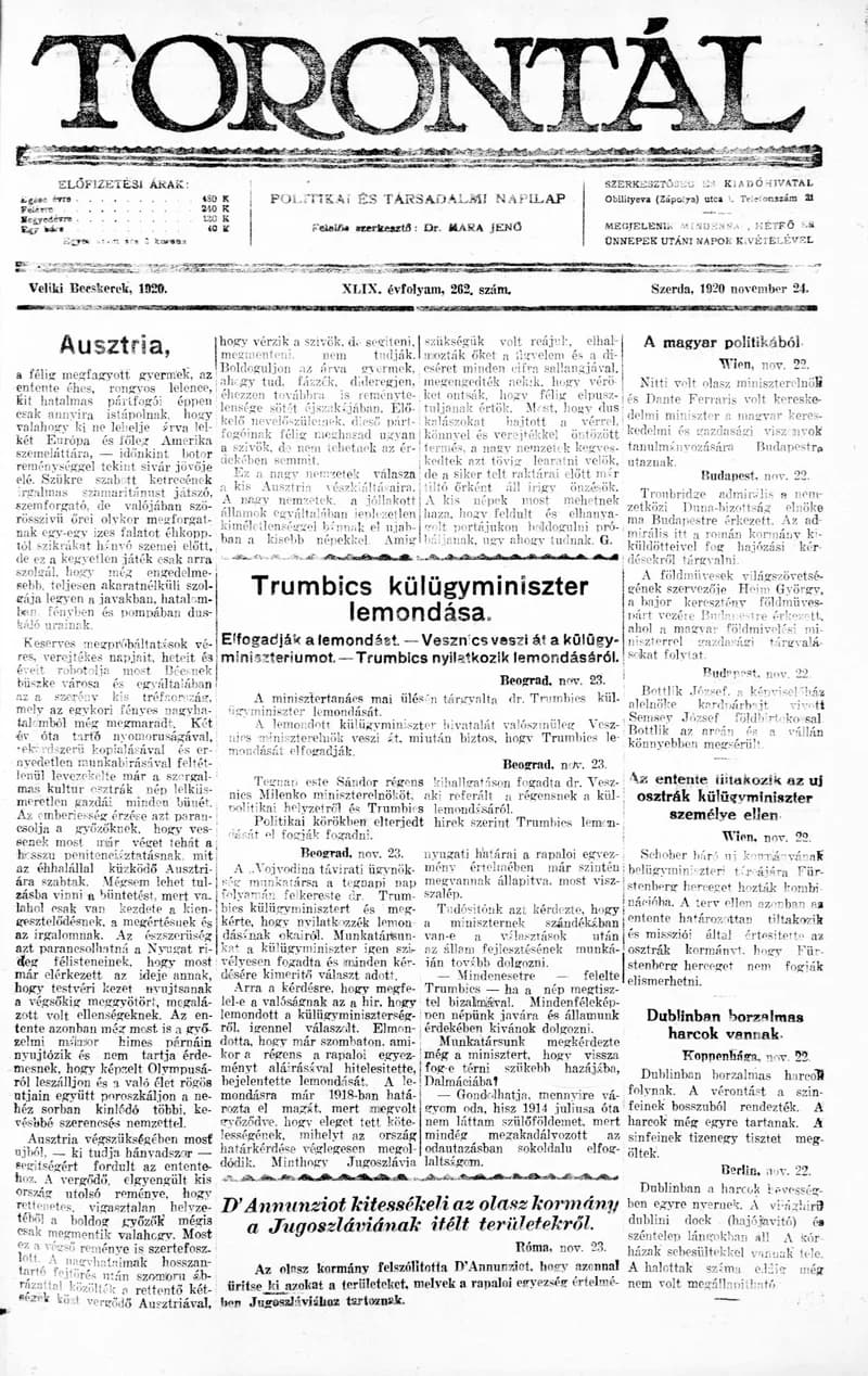 Torontál, 49. évf. 1920. november 24. 262. sz.