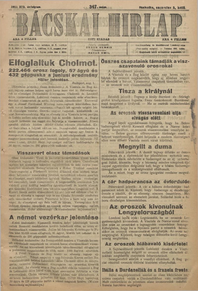 Bácskai Hirlap, 19. évf. 1915. augusztus 2. 347. sz.