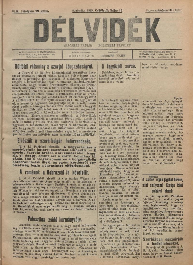 Délvidék, 13. évf. 1919. május 29. 99. sz.