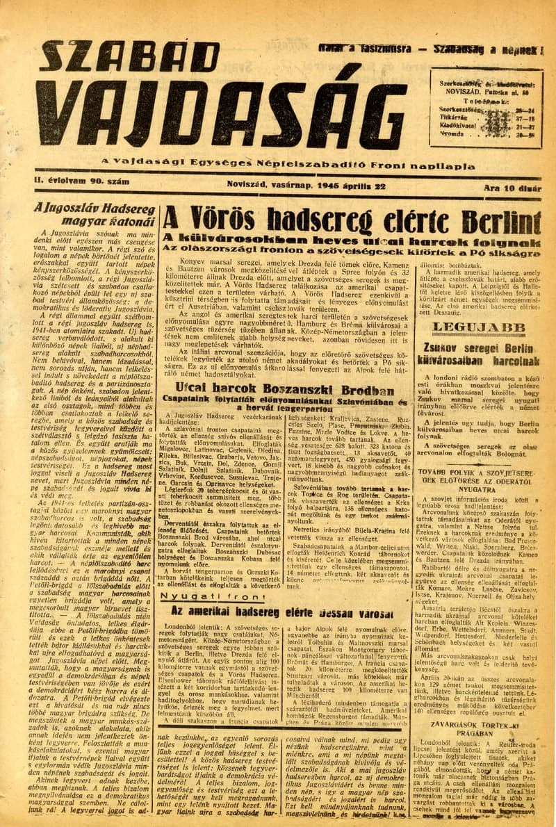 Szabad Vajdaság, 2. évf. 1945. április 22. 90. sz.
