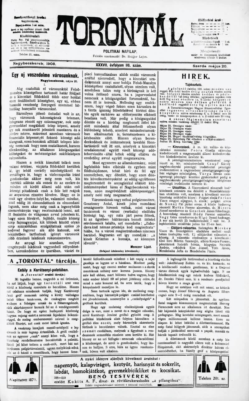 Torontál, 37. évf. 1908. május 20. 116. sz.