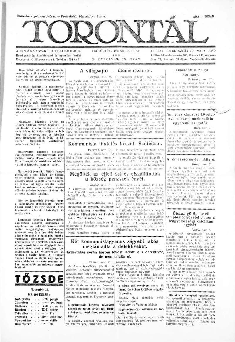 Torontál, 58. évf. 1929. november 28. 274. sz.